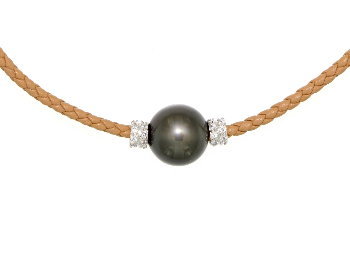 Collana in cuoio naturale con perla di Tahiti e inserti in argento con zirconi
