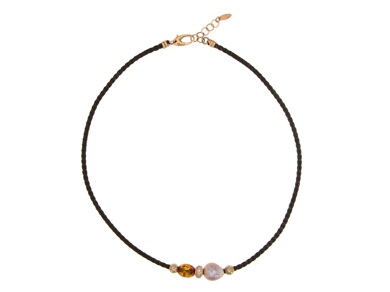 Collana in pelle intrecciata con perla coltivata, ambra e inserti in argento 925 - 3