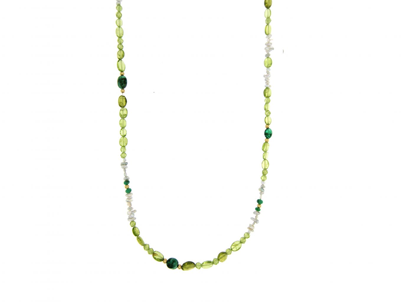 Collana in peridoto, smeraldi e perle keshi di Akoya, inserti e chiusura oro 750