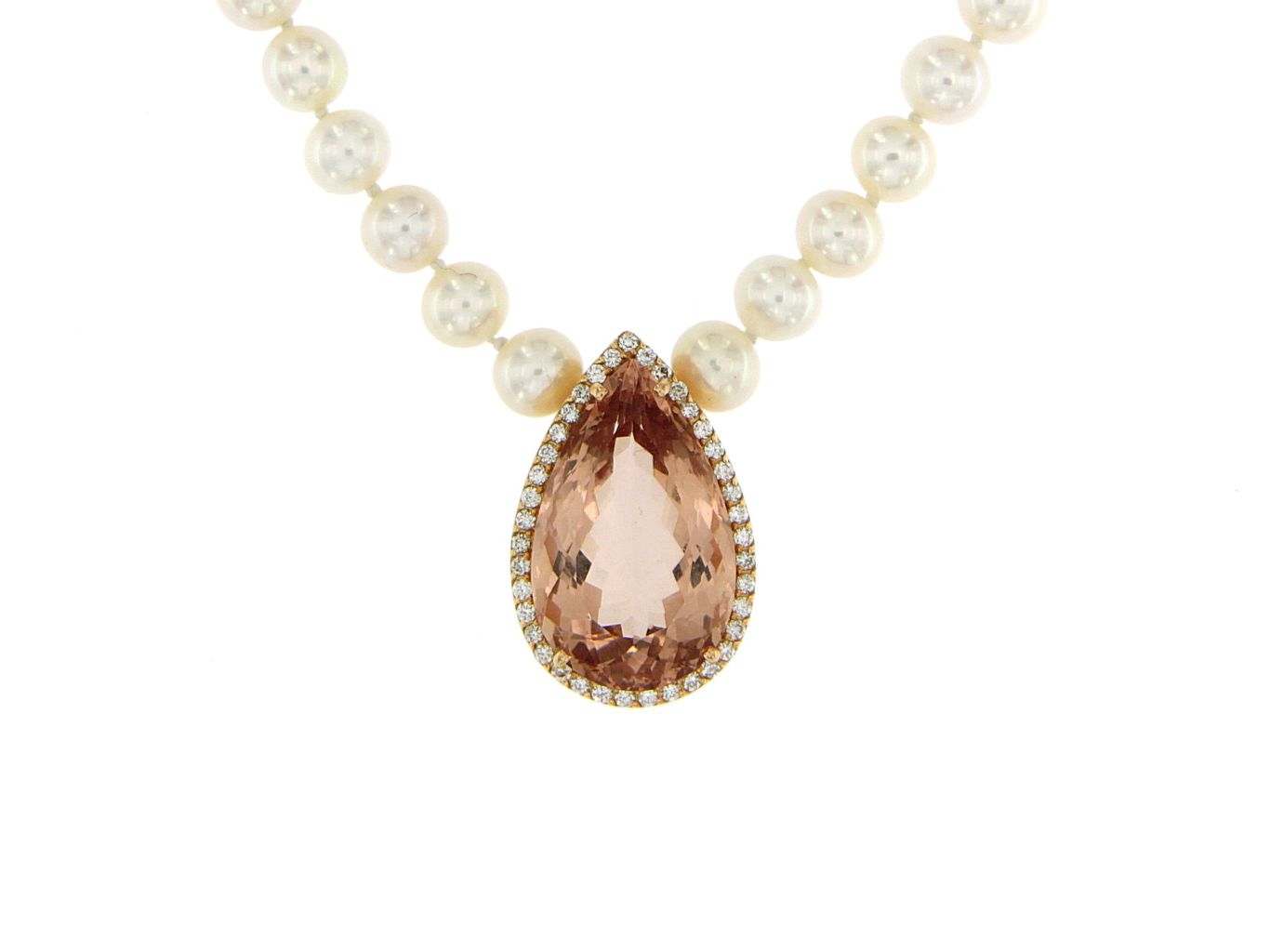 Collana in perle coltivate, ciondolo oro rosa con morganite15.85 ct e diamanti - 5