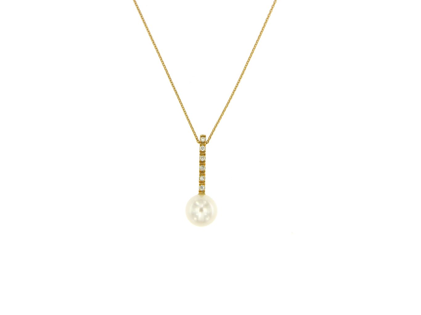 Collana oro giallo 750 con perla coltivata 7mm e stecca con diamanti 0.08 carat