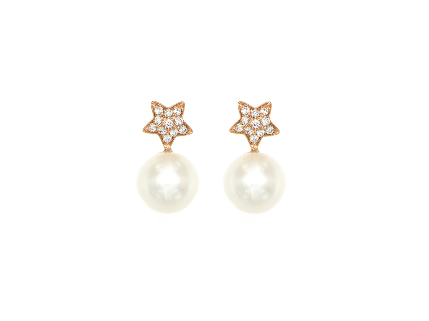 Orecchini in perle coltivate con stelle in oro rosa e diamanti 0.22 ct