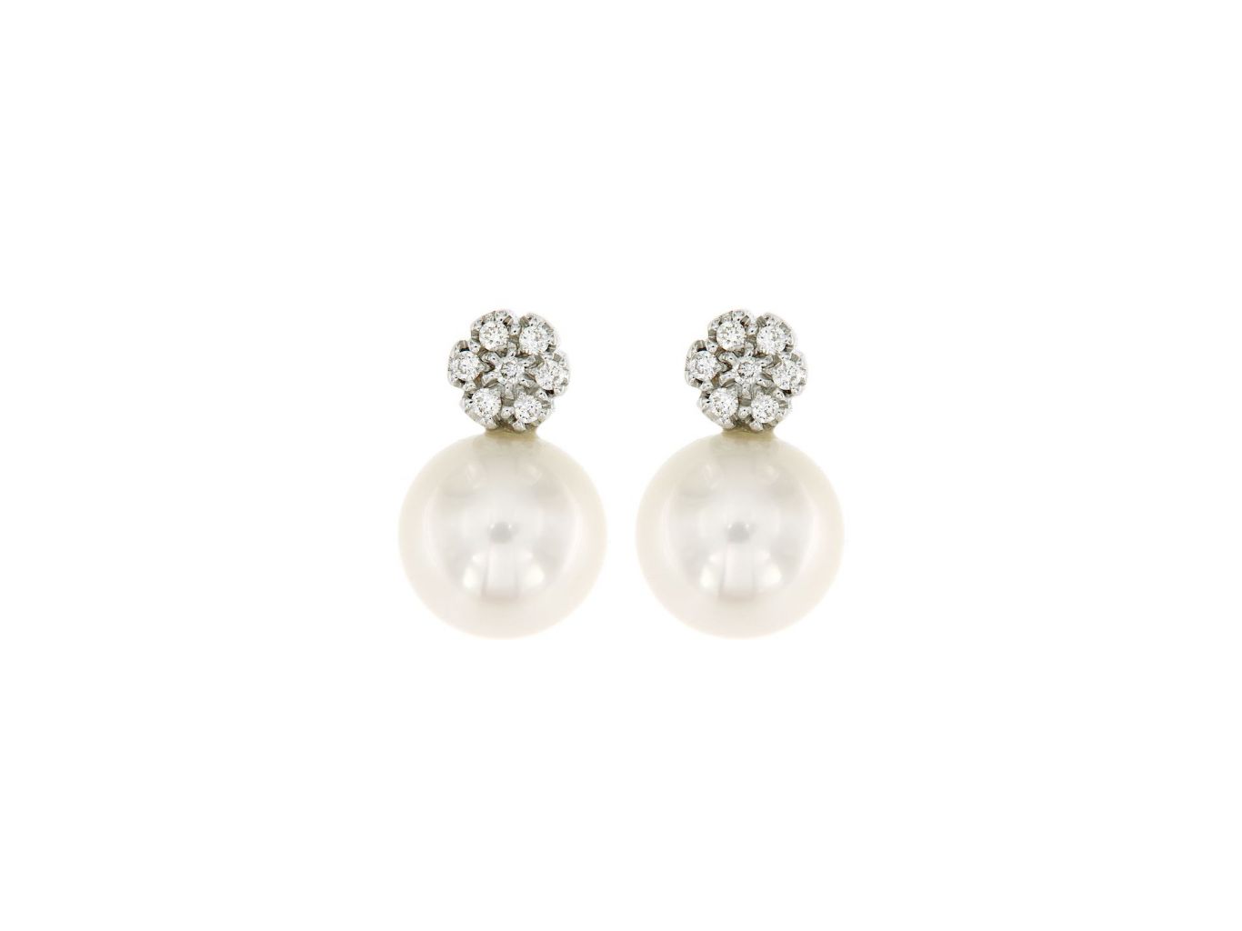 Orecchini con perle coltivate, 9.5 mm, oro bianco 750 con diamanti
