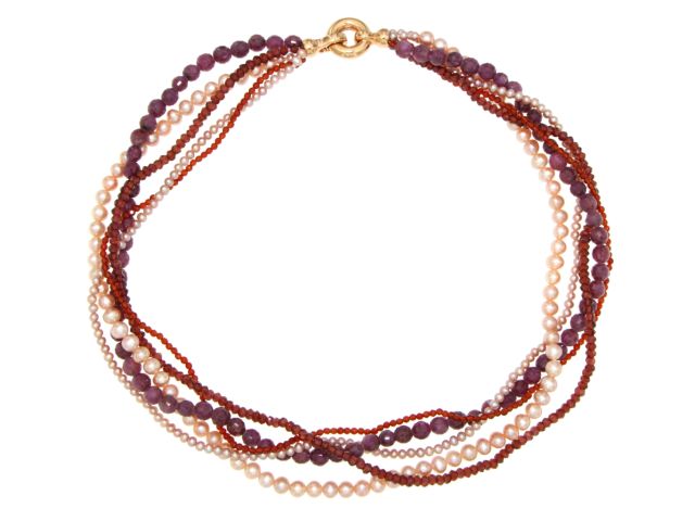 Collana in perle coltivate, rubini e granato, chiusura argento 925