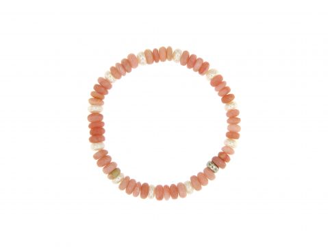 Bracciale in opale rosa, perle button e inserto in argento 925 su elastico
