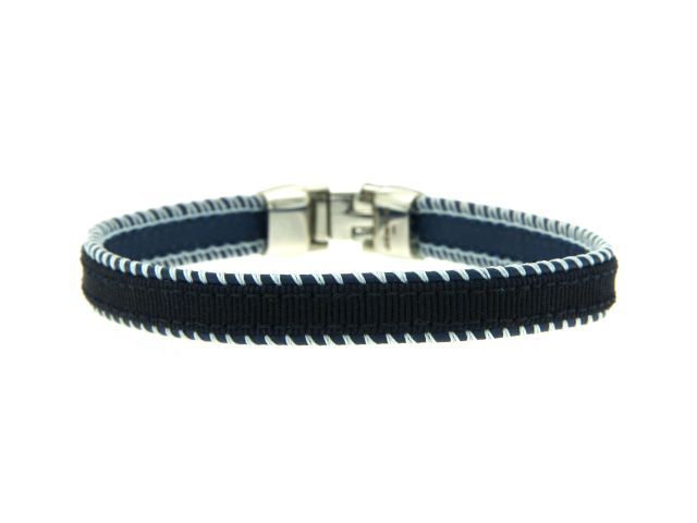 Armband mit blauem Leder und Ripsband, Verschluss Edelstahl