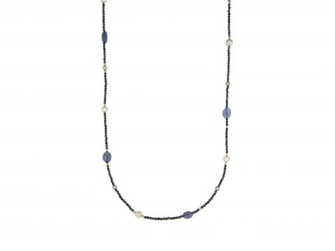 Collana in spinello, tanzanite e perle coltivate, inserti e chiusura argento 925