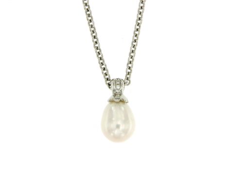 Collana oro bianco con perla a goccia coltivata e  diamanti 0.04 carati