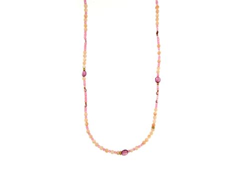 Collana in corallo pelle d'angelo, zirconi e zaffiri rosa, chiusura oro rosa 750
